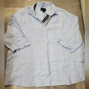 NWT Tahari Linen Blouse. 3/4 Sleeves. Plus Size, 2X. Light Blue / White.